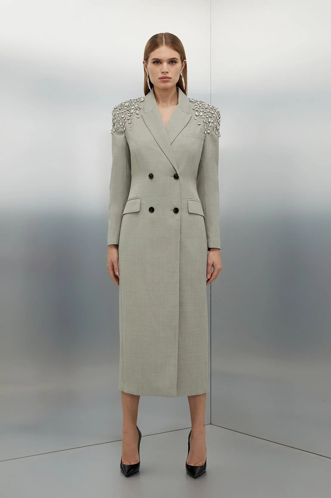 Tailored Wool Blend Embellished Open Back Detail Midi Blazer Dress | Karen Millen US