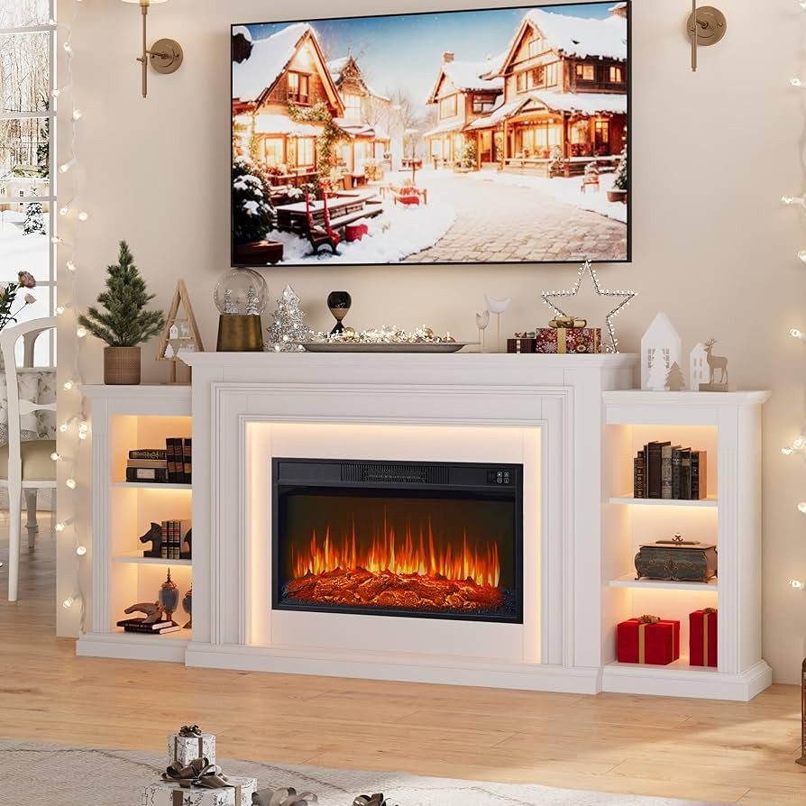 80" LED Lights Electric Fireplace with Mantel, Fireplace TV Stand for TVs Up to 90",Modern Entert... | Amazon (US)