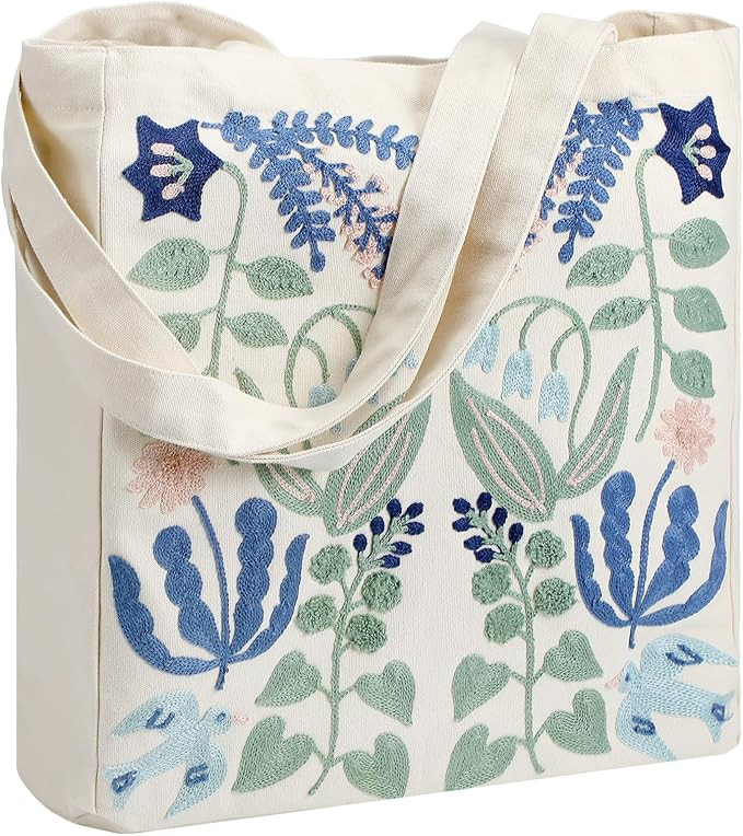 Aliceset Aesthetic Embroidery Tote Bag for Women Floral Reusable Canvas Cute Shoulder Bag for Gym... | Amazon (US)
