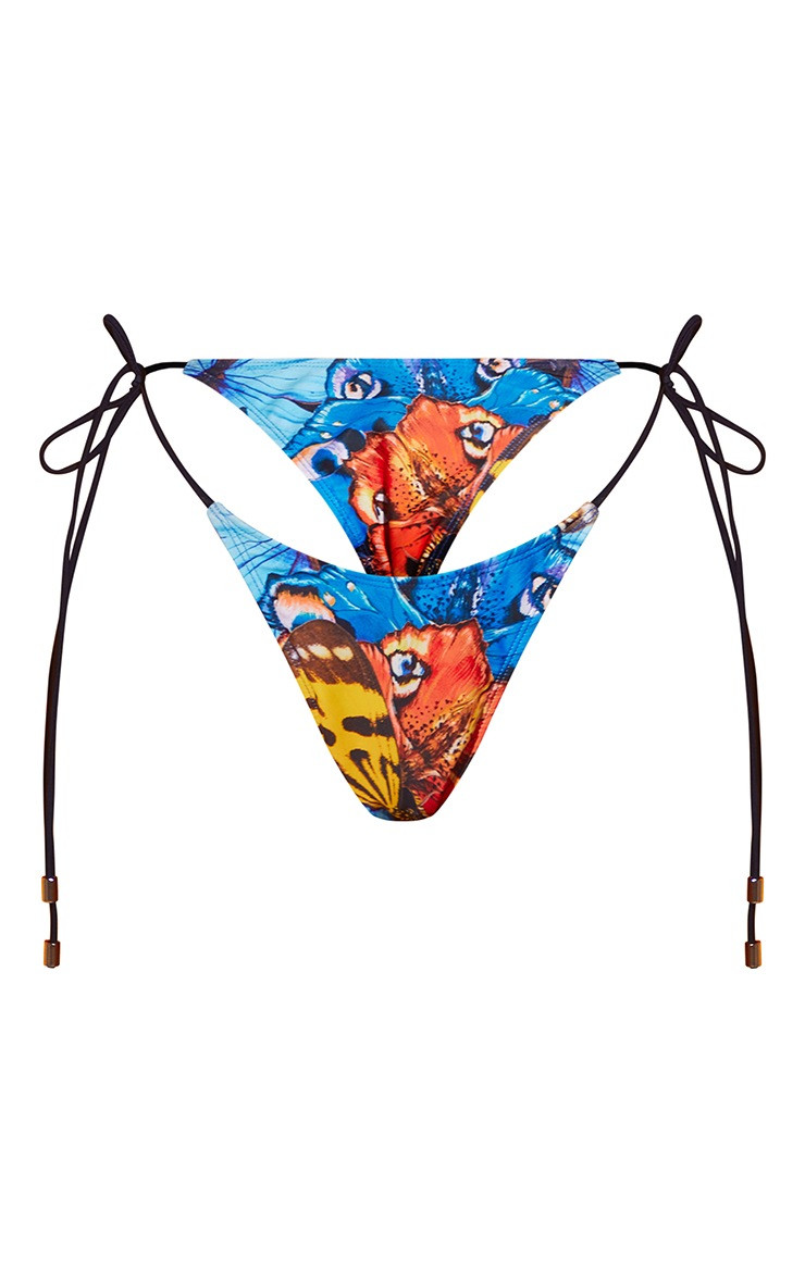 Blue Abstract Butterfly Print Tie Side Bikini Bottoms | PrettyLittleThing US