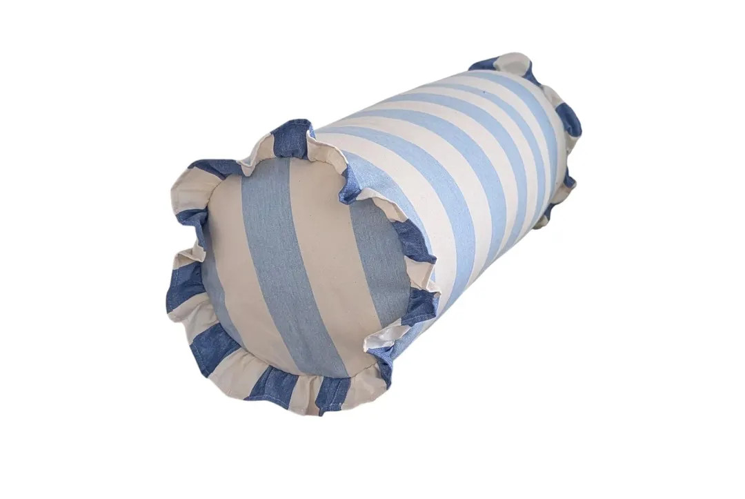New Launch Beautiful Ruffled Large Bolster Cushion in Ian Mankin Devon Stripe Bluebell and Indigo... | Etsy (US)