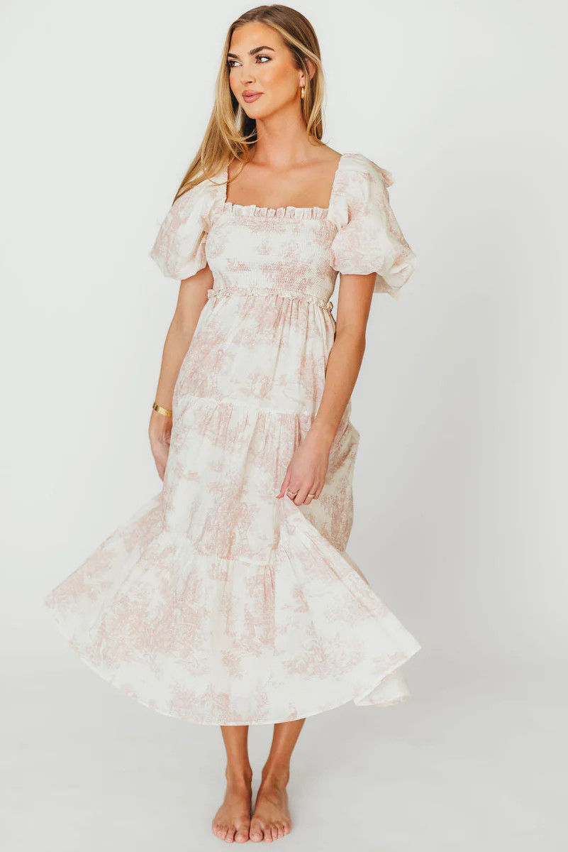 Elena 100% Cotton Toile Print Smocked Midi Dress in Pink - Bump Friend | Worth Collective