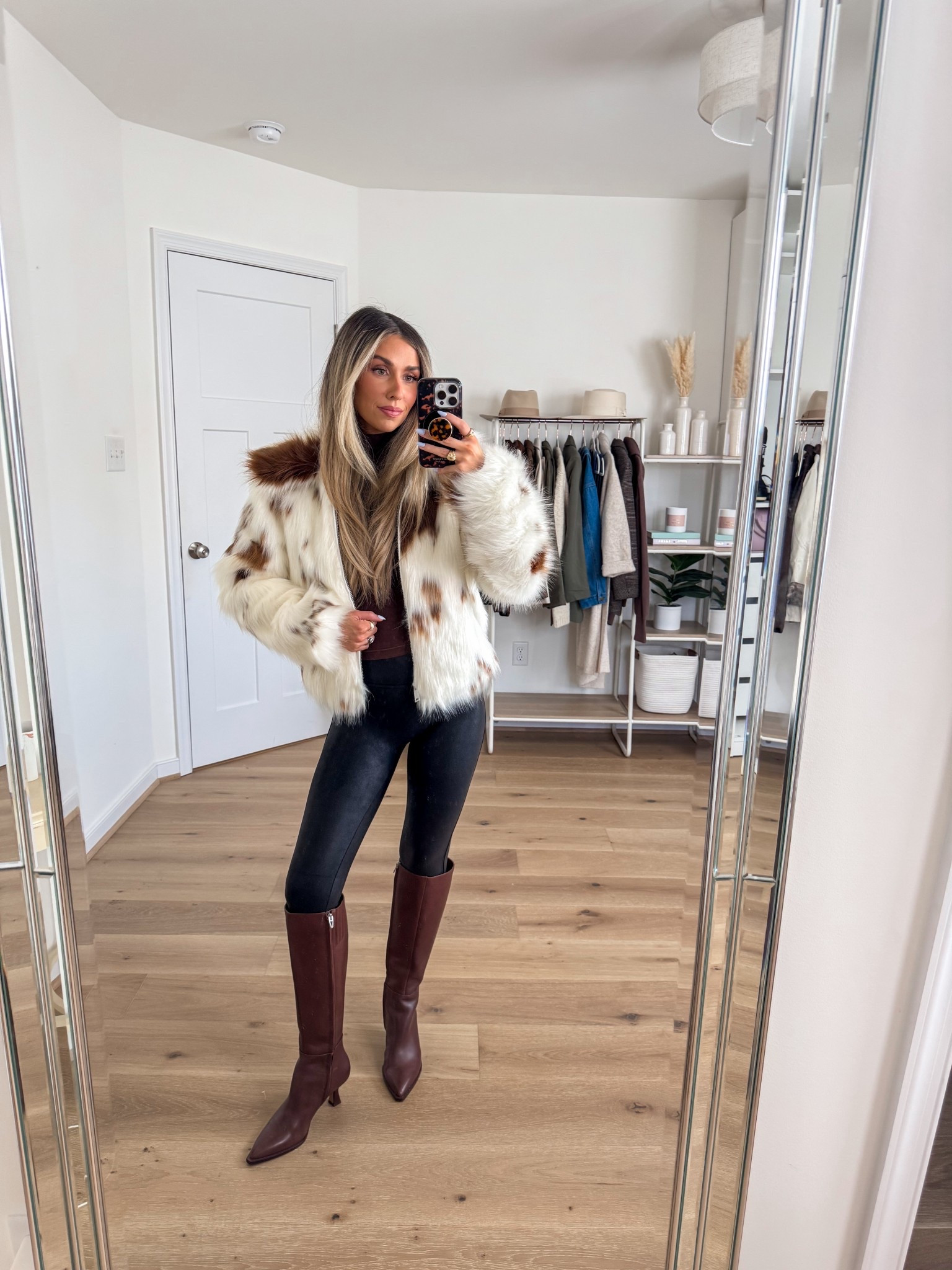 Cow print fur jacket: xxs 
Mock neck top: xs 
Spanx faux leather leggings: xs 
Boots: true to size 

#LTKFindsUnder50 #LTKFindsUnder100 #LTKPetite