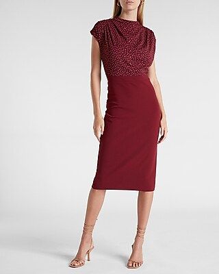 Printed Draped Sleeve Mock Neck Dot Sheath Dress | Express