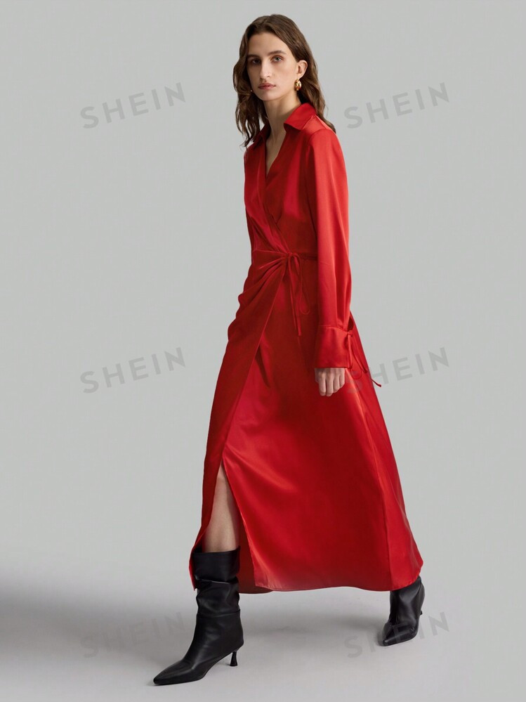 Ontre Women's Red Solid Color Long Sleeve Tie-Up Simple Long Wrap Dress For Daily Casual Wear, Au... | SHEIN
