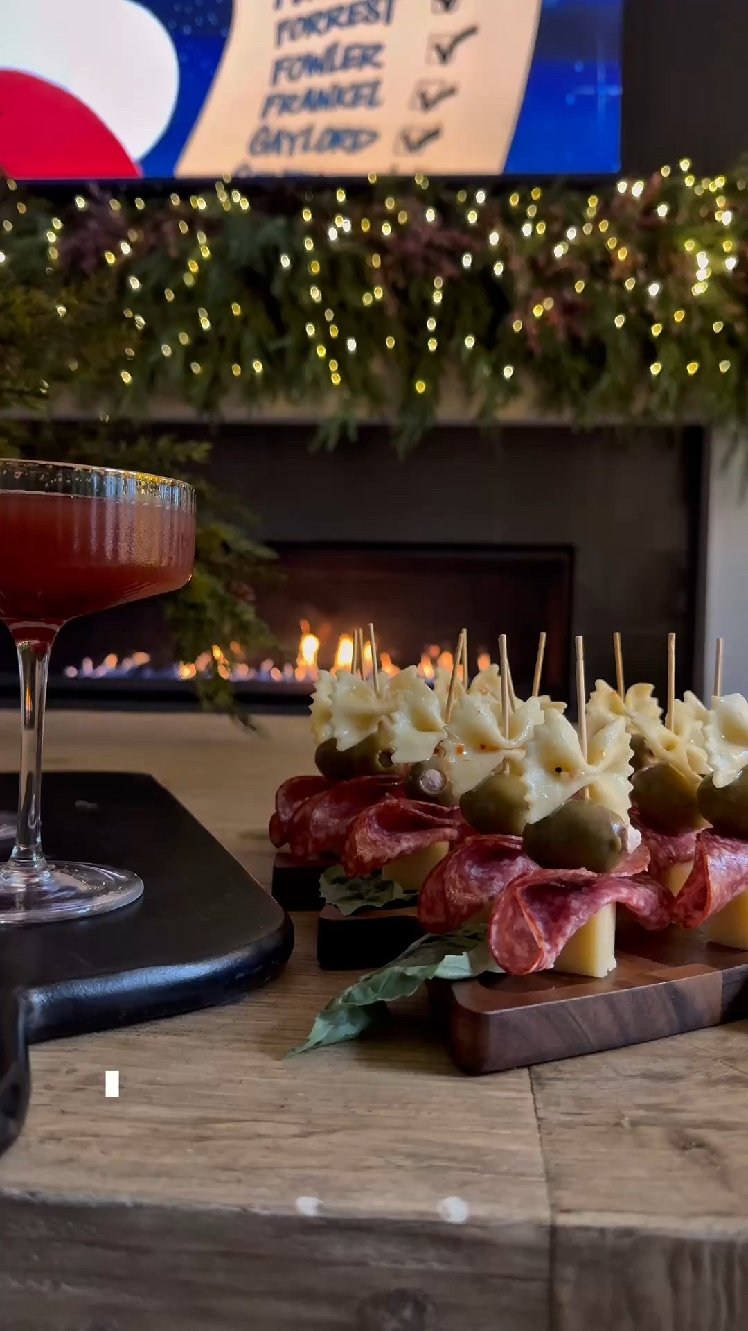 Cozy night in..Christmas movie and a girl dinner🥰
Pomegranate martini (makes two)
3oz  100% pomegranate juice 
1oz mango/orange juice 
2oz vodka
1oz triple sec
Dash of cinnamon 
-
Antipasto skewers 
Bow tie pasta (cooked, cooled and tossed in Italian dressing)
Blue cheese stuffed olive
Red wine salami 
Aged cheddar 


#LTKdayinmylife