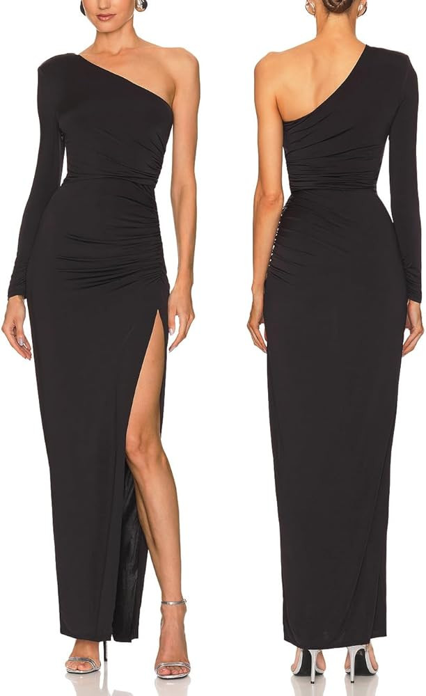 Aigeman Womens One Shoulder Long Sleeve Maxi Dress Bodycon Ruched Split Thigh Formal Dress 218 | Amazon (US)