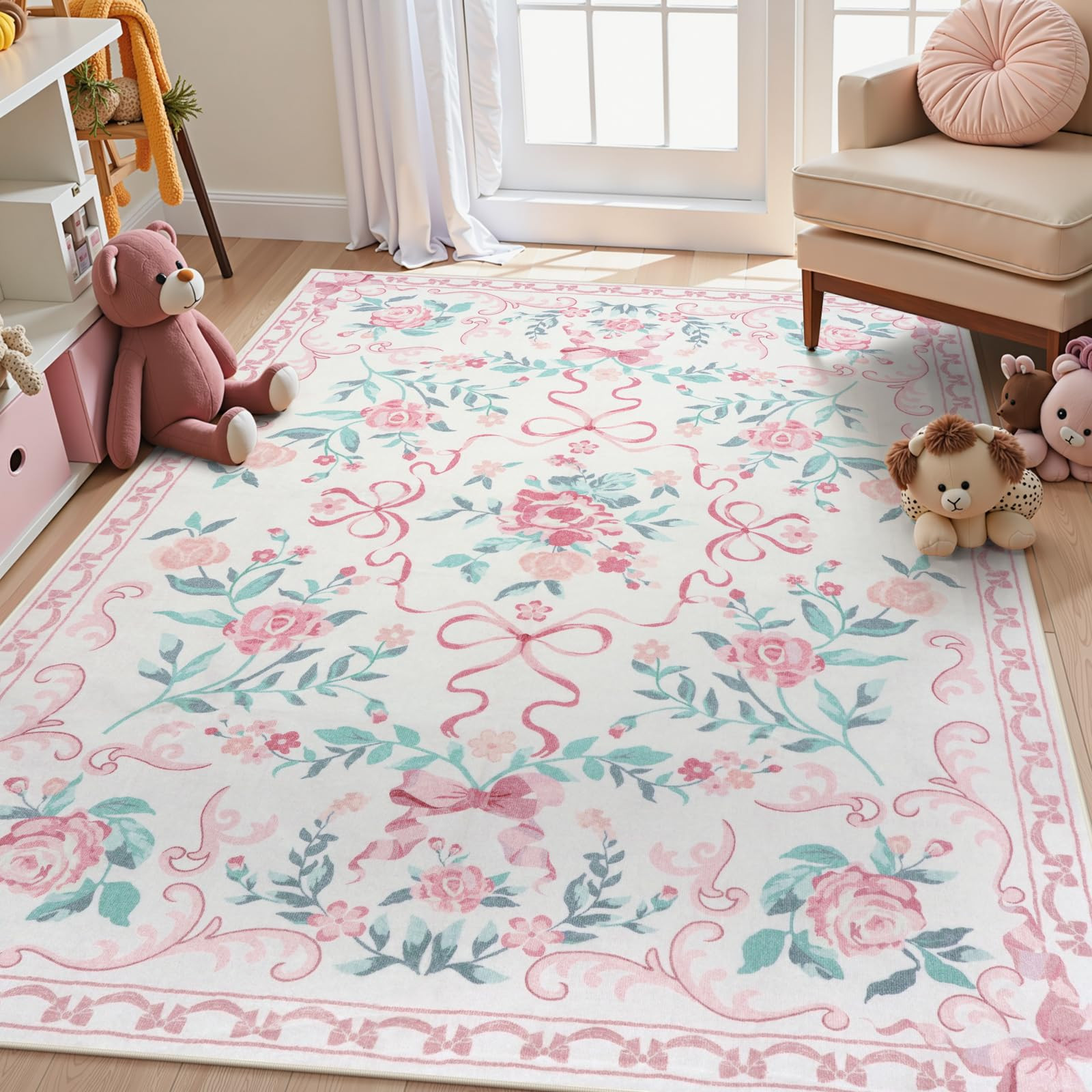 Collive Pink Floral Rugs for Bedroom Girls, 5x7 Bow Nursery Rug for Dorm Washable Area Rug for Li... | Amazon (US)