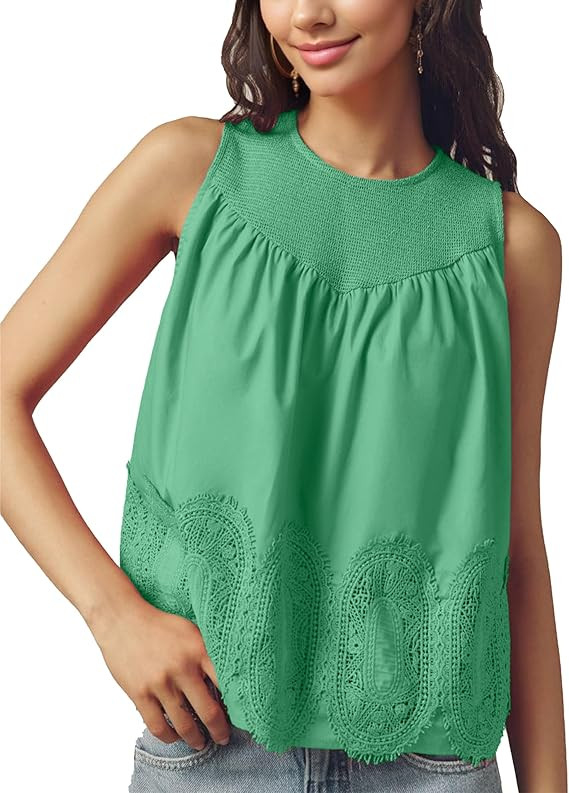 Womens Summer Sleeveless Lace-Detail Blouse Crew Neck Lace Trim Swing Tank Top Poplin Mesh See Th... | Amazon (US)