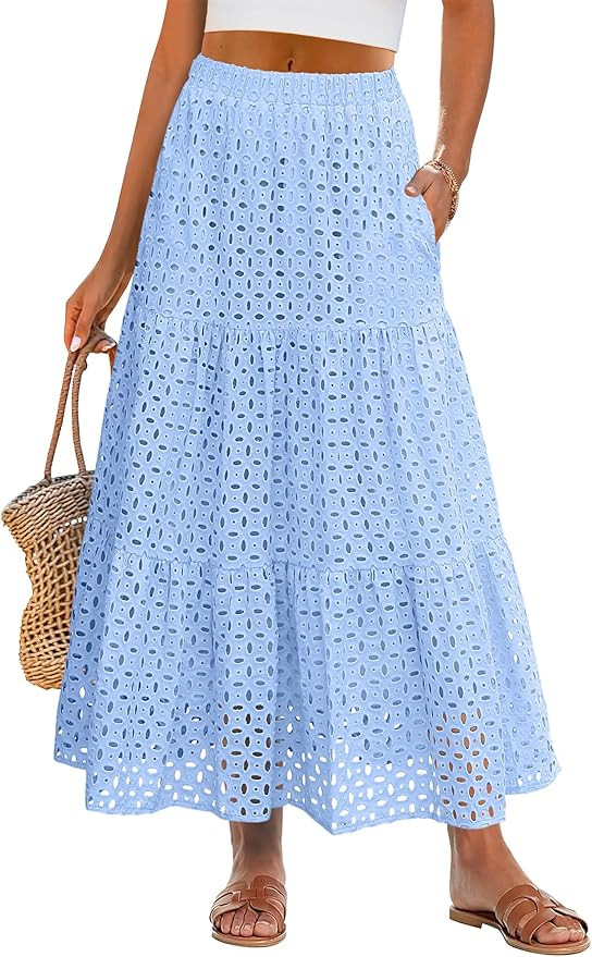 ANRABESS Maxi Skirts for Women Boho Tiered Eyelet Elastic High Waist A-Line Summer Casual Flowy B... | Amazon (US)