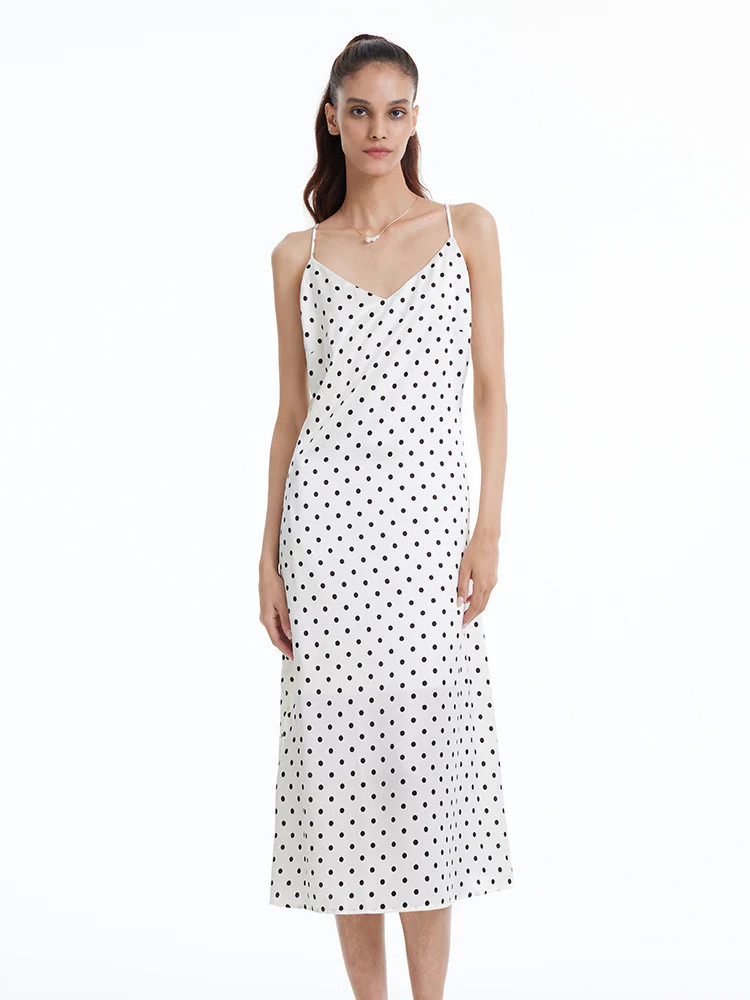 Polka Dots Spaghetti Strap Slip Maxi Dress - Dots on beige / S | GOELIA