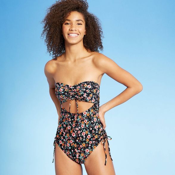 Women's Bandeau Cinch One Piece Swimsuit - Sea Angel Black Floral | Target