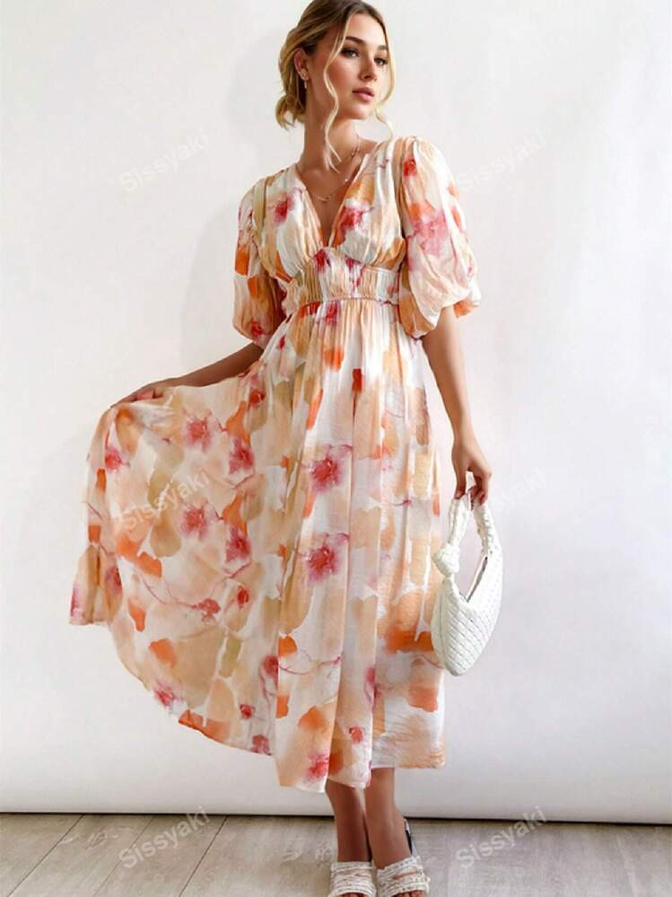 Sissyaki Women's 2024 Long Sleeve Boho Floral Dress V Neck Casual Long Dress | SHEIN