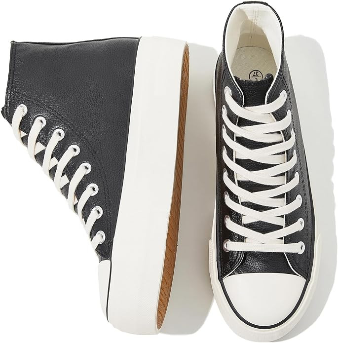 SERNIAL Women's High Top Platform Sneakers PU Leather Platform Shoe White Tennis Shoes for Women | Amazon (US)