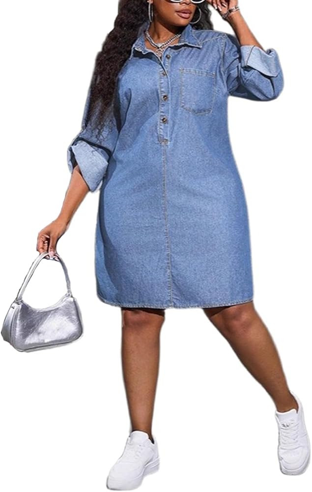 Women's Loose Fitting Stylish Denim Long Sleeve Casual Vintage Dress Trendy Cut Going Out | Amazon (US)