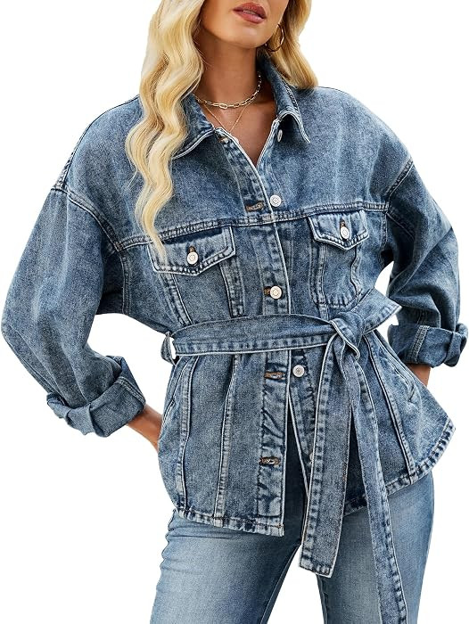 Womens Jean Jacket with Belt Oversized Long Sleeve Button Down Denim Coat Jeans Boyfriend Outerwe... | Amazon (US)