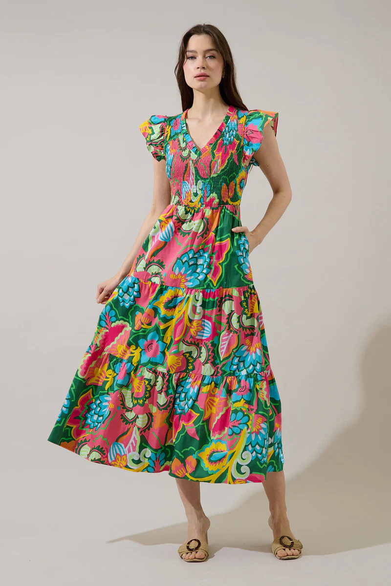 Lanai Multi Tropics Sunfire Smocked Bodice Tiered Midi Dress | Sugarlips