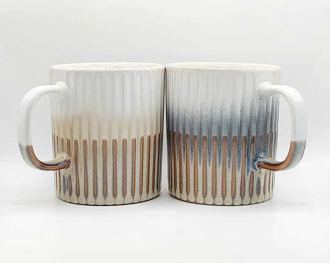 Set of 2 Embossed Vertical Stripes Coffee Mug Tea Cup 12 Oz Ceramic, Fire Glazed Jug, Cabin House... | Etsy (US)