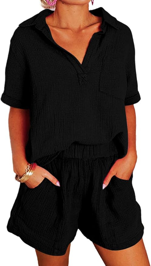Dokotoo Women's Two Piece Outfits V Neck Short Sleeve Shirts and High Waist Shorts Lounge Sets | Amazon (US)