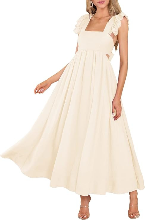 MITILLY Women's Summer Flutter Sleeve Square Neck Tie Back Casual Pleated A-Line Flowy Maxi Dress... | Amazon (US)