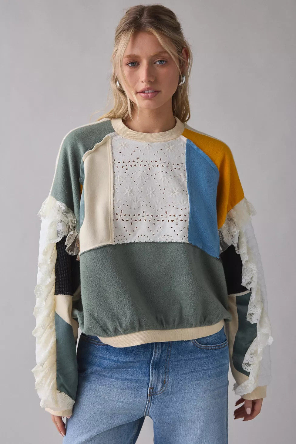 BDG Cooper Lace Trim Patchwork Crew Neck Pullover | Urban Outfitters (US and RoW)