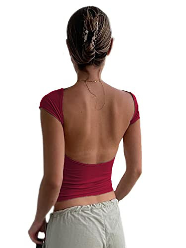 Women's Backless T-Shirts Y2K Crop Top Solid Casual Short Sleeve Sexy Vintage Cut Out 2023 Summer Fashion (Red, Large) | Amazon (US)