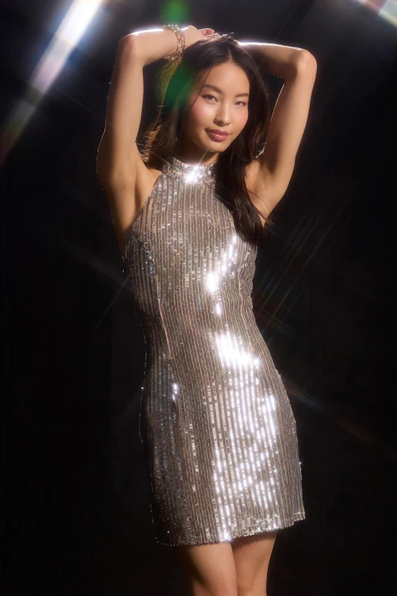 Lavigne Silver Sequin Halter Backless Mini Dress | Lulus