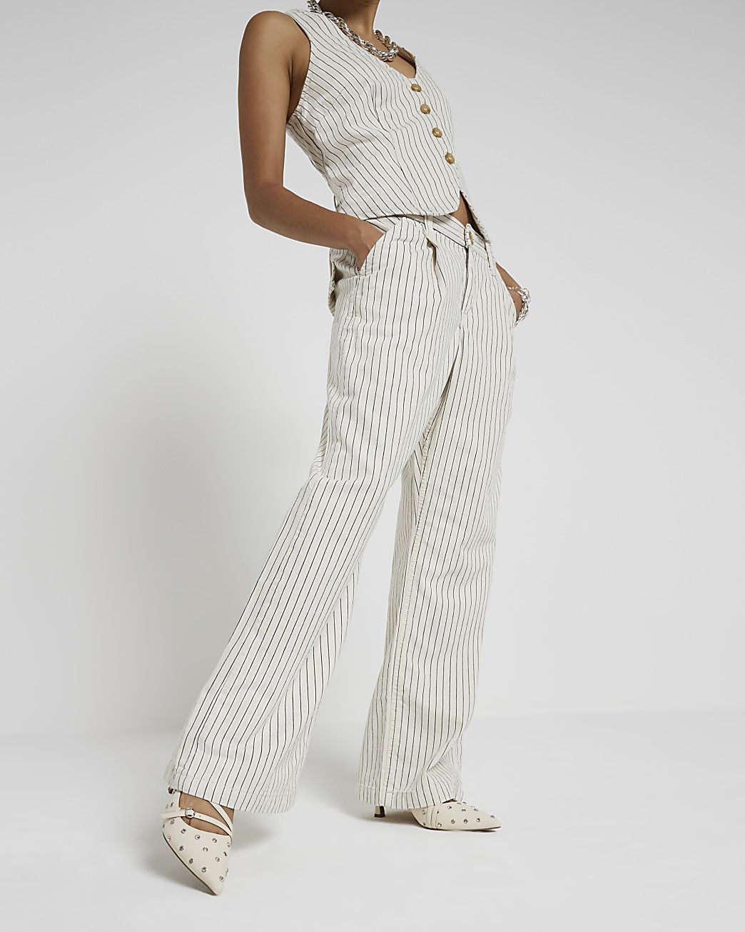 Petite white high waisted stripe loose jeans | River Island (UK & IE)