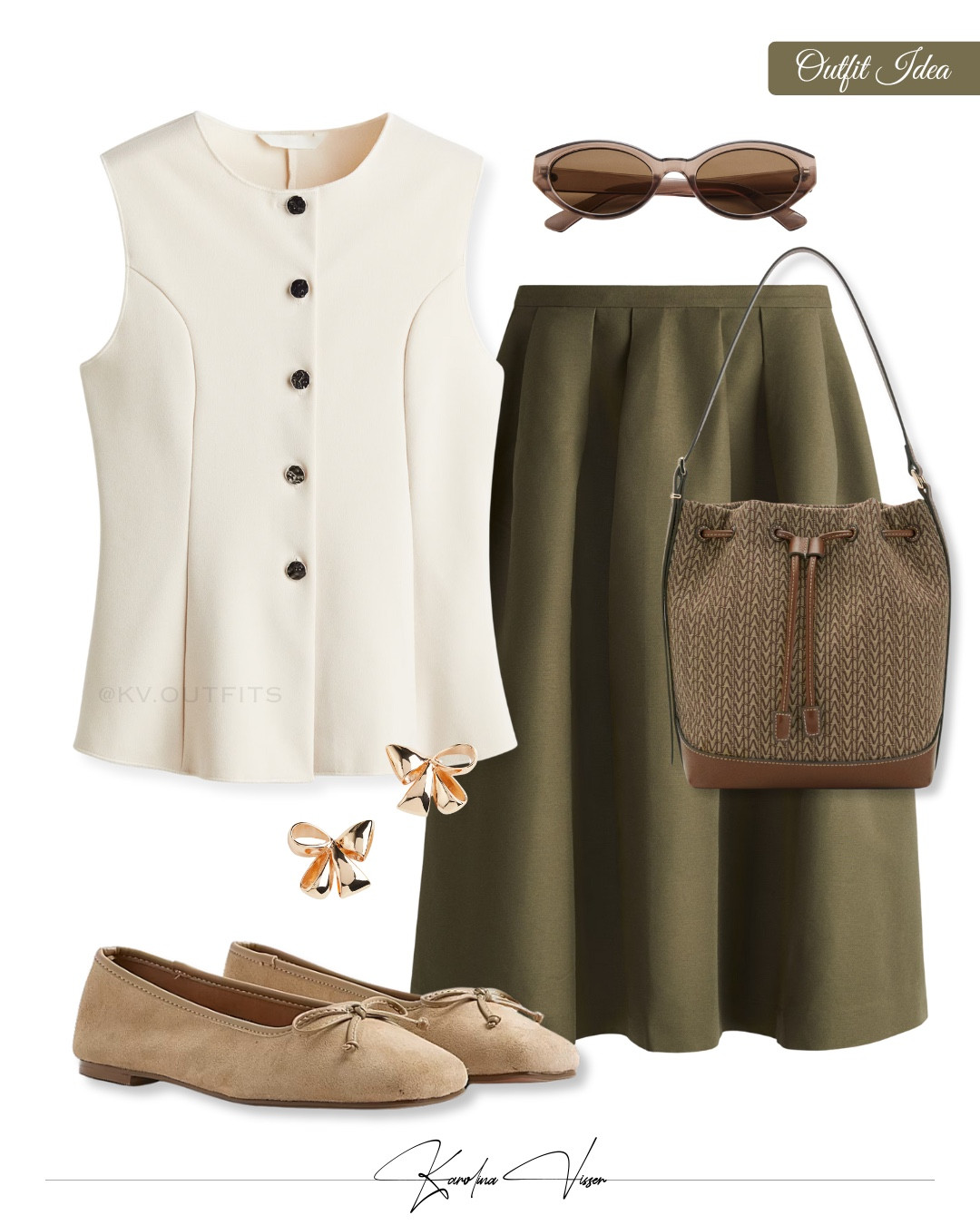 Classic Skirt Outfit - Olive Tones 🫒

Tags: waistcoat h&m green midi skirt printed bucket bag mango beige suede ballet pumps river island bow earrings cat eye sunglasses timeless outfit workwear office look summer outfit

#LTKsummer #LTKstyletip #LTKworkwear