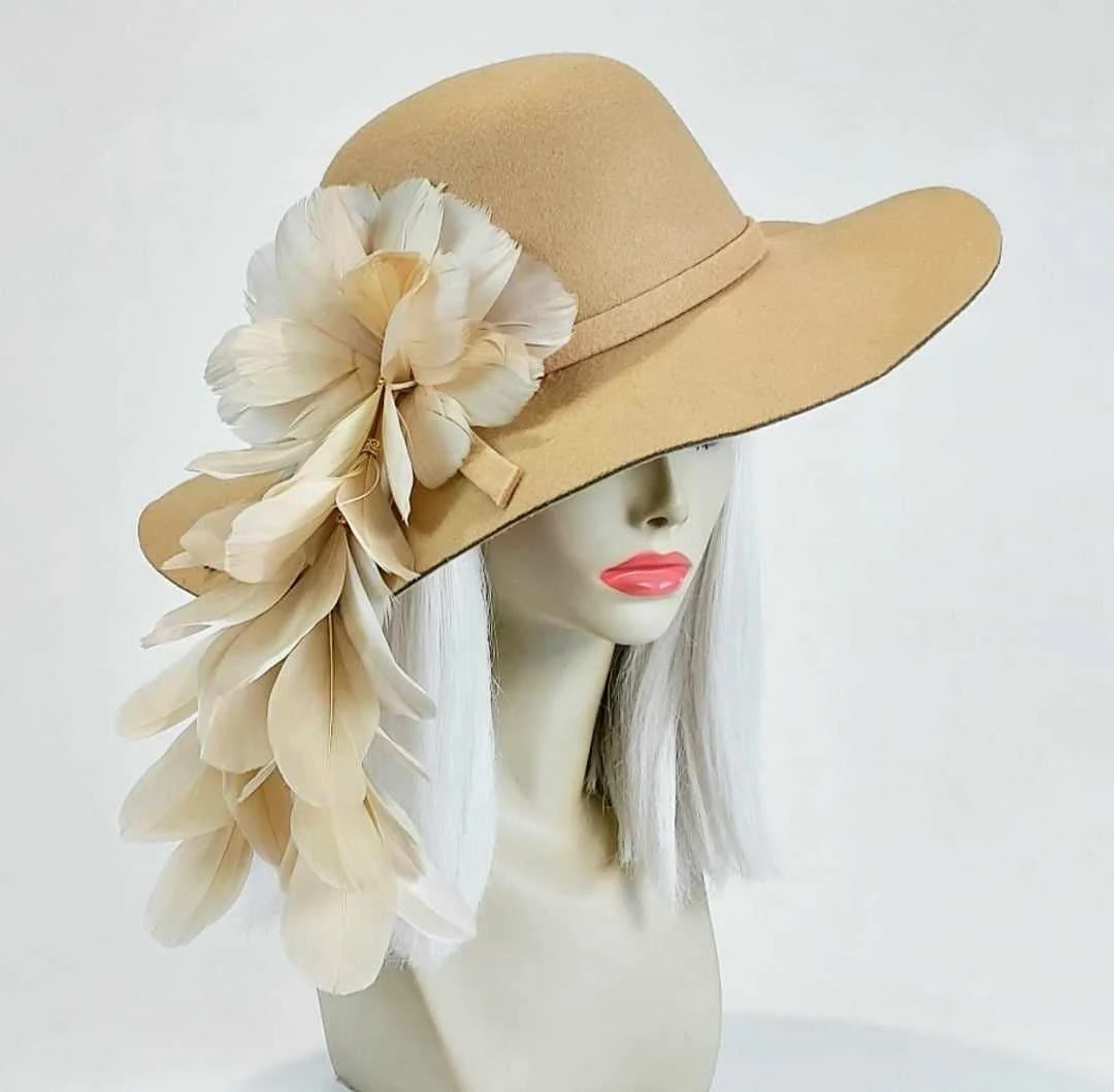 Feather Hat Beige Tan Felt Floppy Hat Boho Festival Hat Derby Race Day Hat Vintage 70s Style Hat ... | Etsy (US)