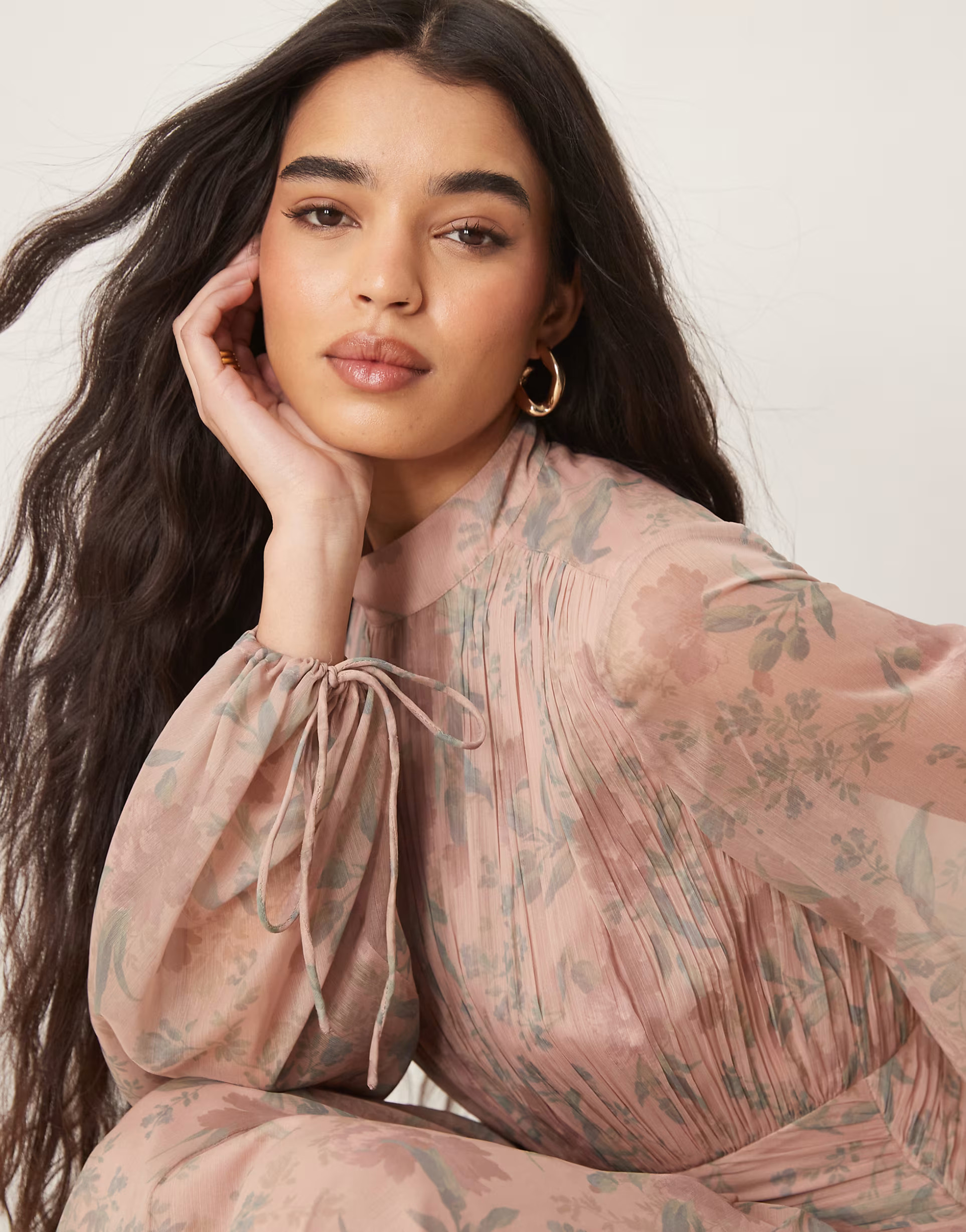 ASOS DESIGN high neck ruched chevron detail maxi dress in blurred pink floral print | ASOS (Global)