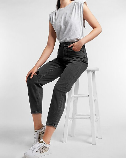 Super High Waisted Black Ripped Dad Jeans | Express