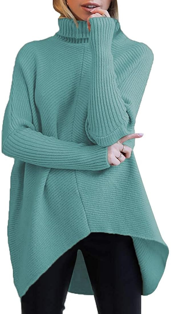 Caracilia Womens Turtleneck Long Sleeve Sweater Irregular Hem Casual Pullover Knit Tops | Amazon (US)