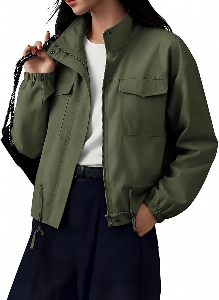 Angashion Womens Cropped Jacket Zip Up Lightweight Oversized Utility Anorak | Amazon (US)