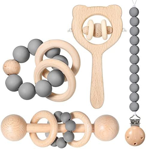 4 Pieces Wooden Teether Toys Set Wooden Rattle Toys Beads Pacifier Holder Baby Teething Toys Mont... | Amazon (US)