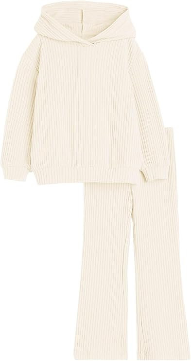 Haloumoning Girls 2 Pieces Outfits Ribbed Knit Hoodies Flare Pants Sweatshirts and Sweatpants Kid... | Amazon (US)