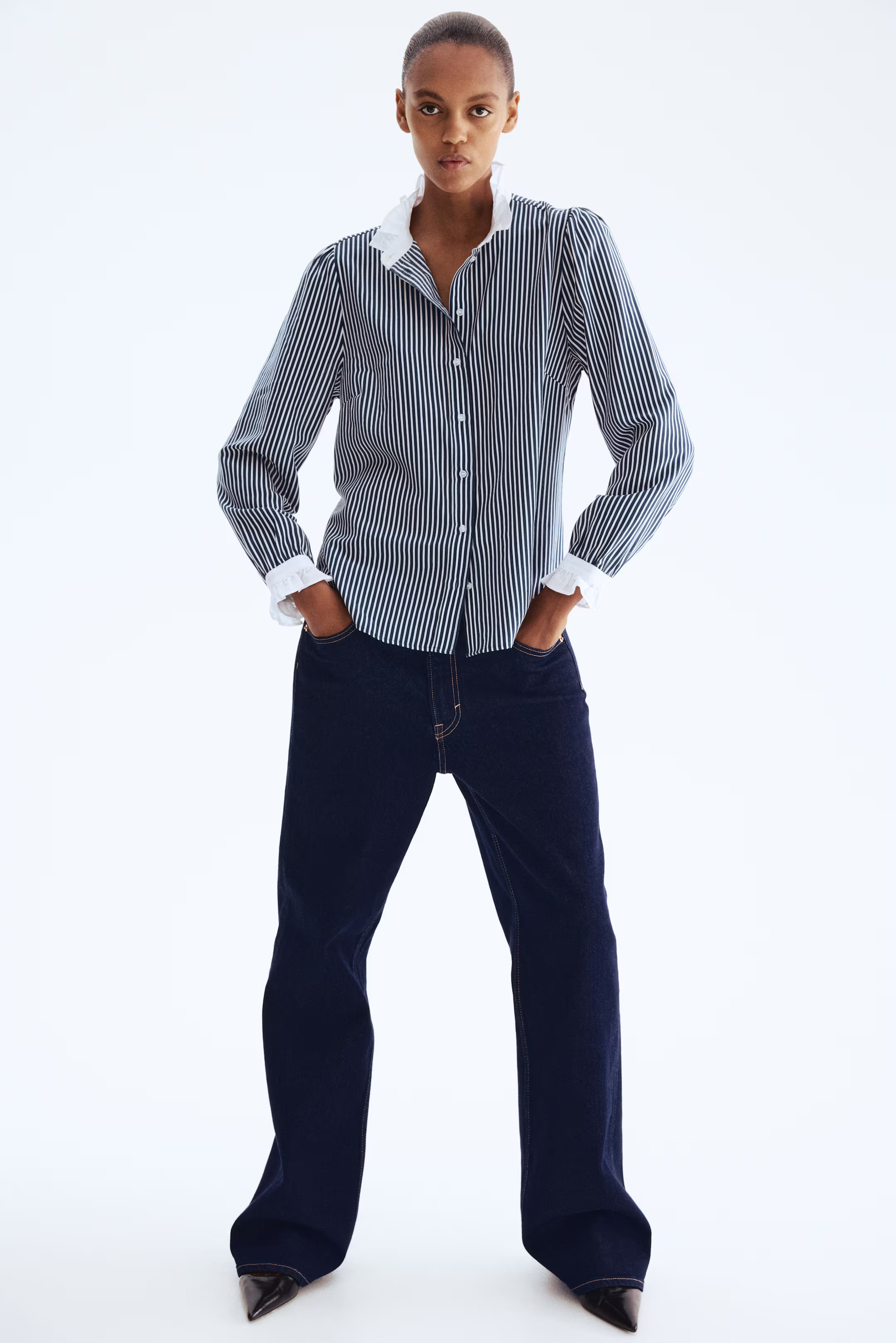 Ruffle-Collar Blouse - Navy blue/white striped - Ladies | H&M US | H&M (US + CA)