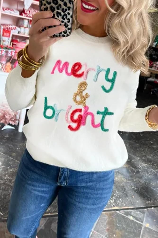 LEMAFER Women 2025 Merry Christmas Round Neck Sequin Letters Sweater Casual Solid Slogan Long Sle... | Amazon (US)