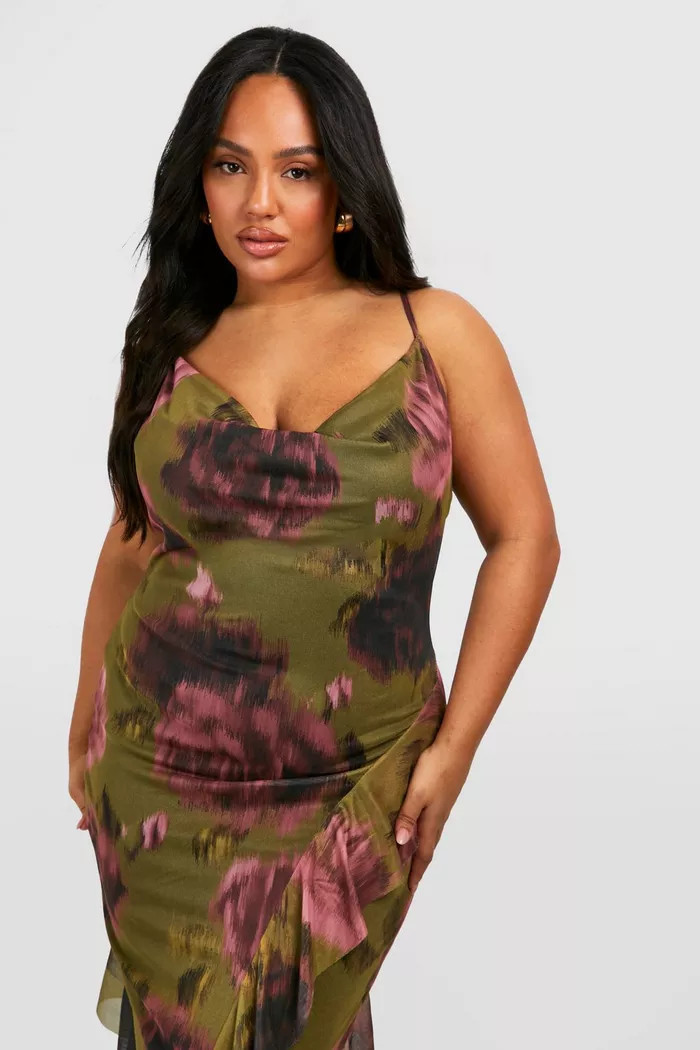Plus Floral Print Mesh Ruffle Detail Maxi Dress | boohoo (US & Canada)