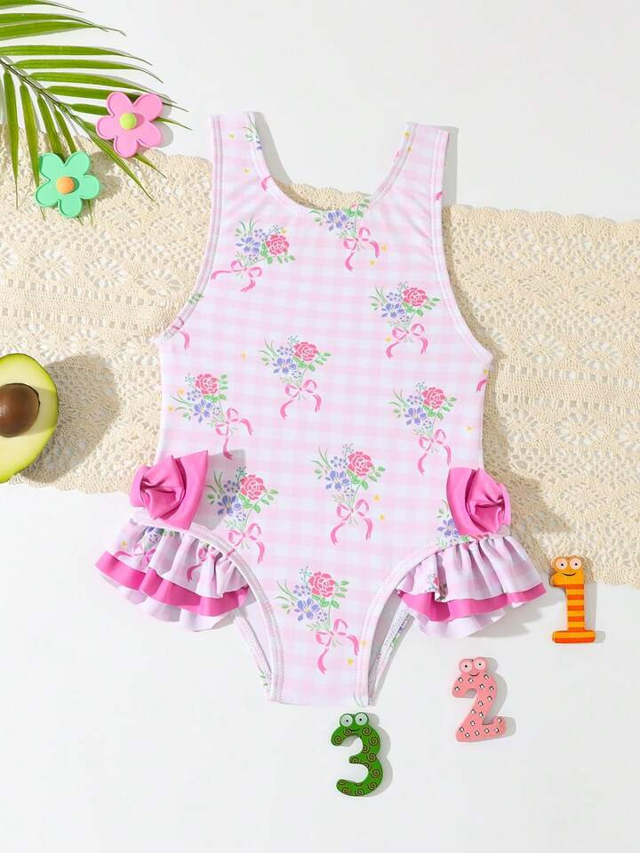 Baby Girl Round Neck Sleeveless One-Piece Swimsuit With All-Over Print, 3D Bow And Ruffled Hem | ... | SHEIN