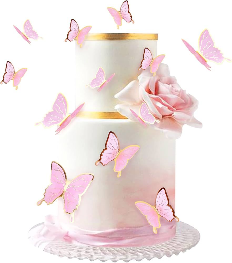 30pcs Pink Gold Edge Mixed Size Lively 3D Waterproof Swllowtail Butterfly Cupcake Topper for Girl... | Amazon (US)