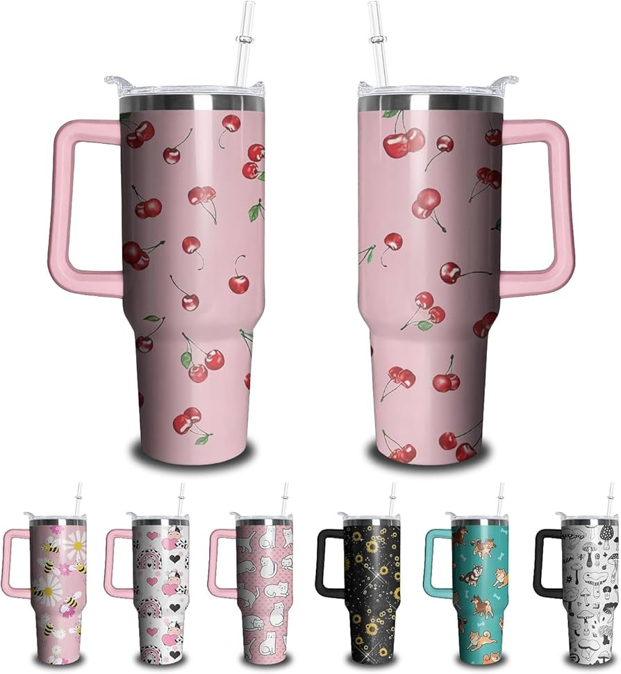 40oz Cherry Tumbler with Handle and Straw, Stainless Steel Insulated Cup with Lid and Straw, Trav... | Amazon (US)