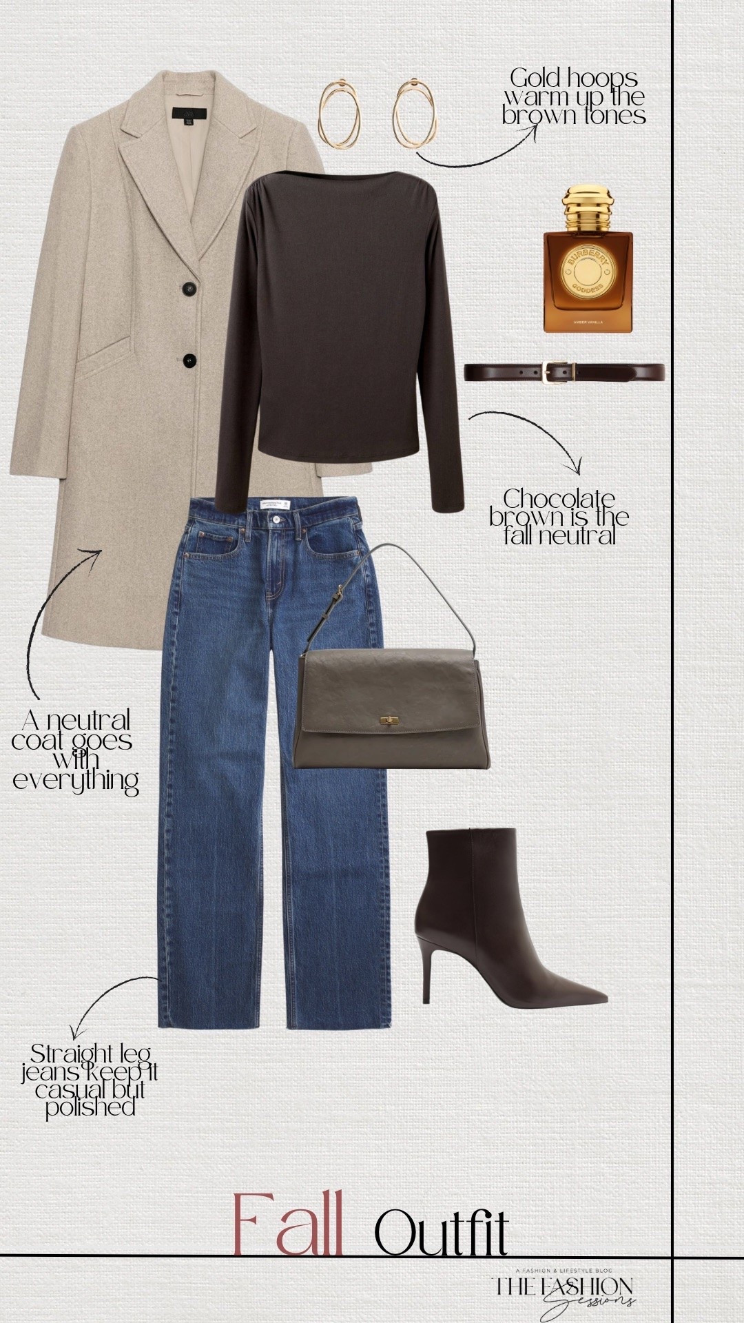 Fall outfit idea | A camel coat over a chocolate brown top and straight leg jeans. Brown boots, a brown belt, and gold hoops tie the warm tones together, and the everyday shoulder bag goes with everything. Casual but still put together.

#LTKootd #LTKSeasonal #LTKOver40
