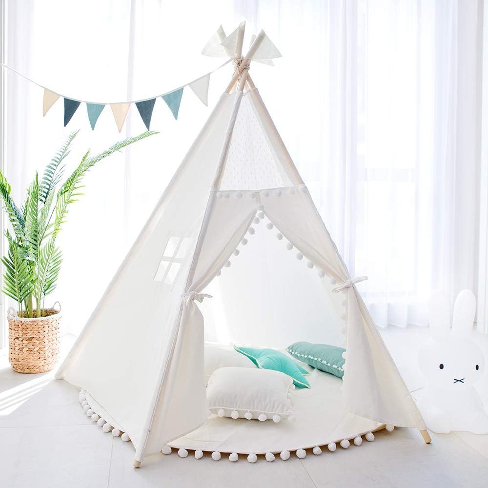 TreeBud Kids Teepee Tent - Five Poles Indian Play Tents Toddlers Boys Girls Playhouse Pompom Lace... | Amazon (US)