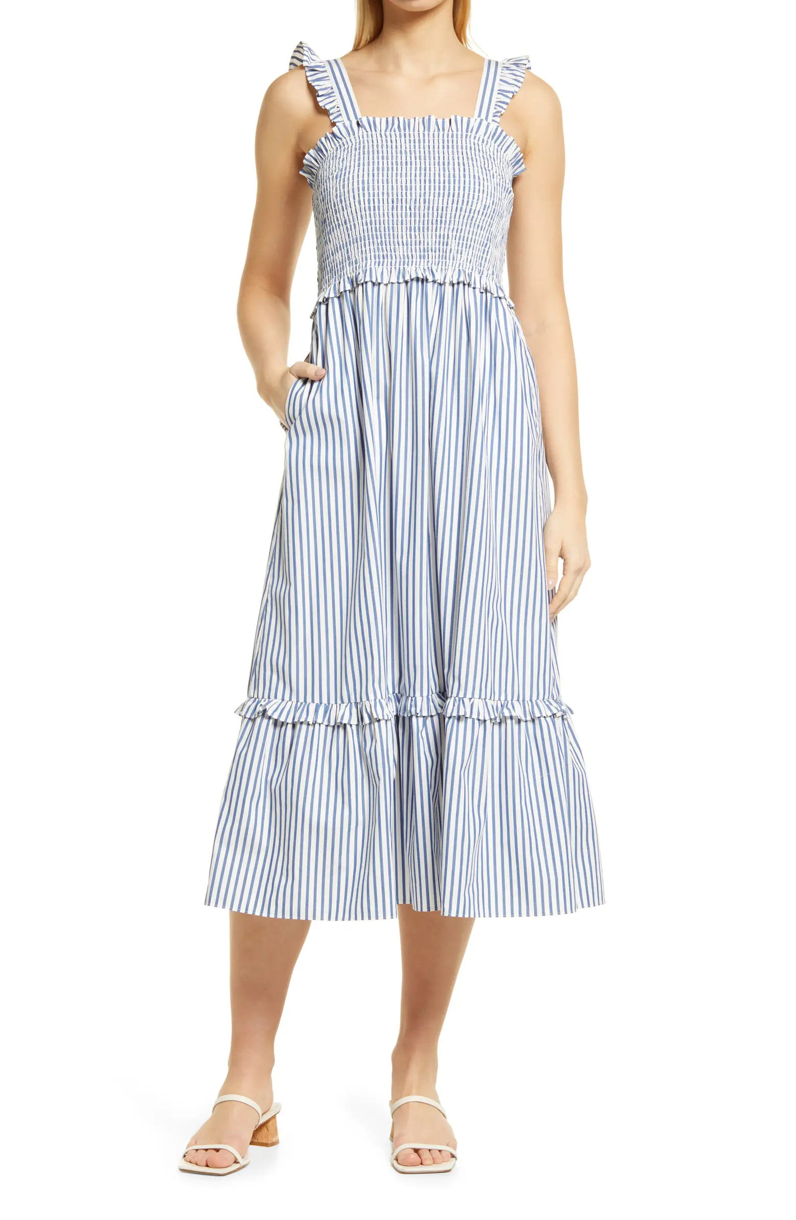 Smocked Stripe Sleeveless Poplin Midi DressDRAPER JAMES | Nordstrom