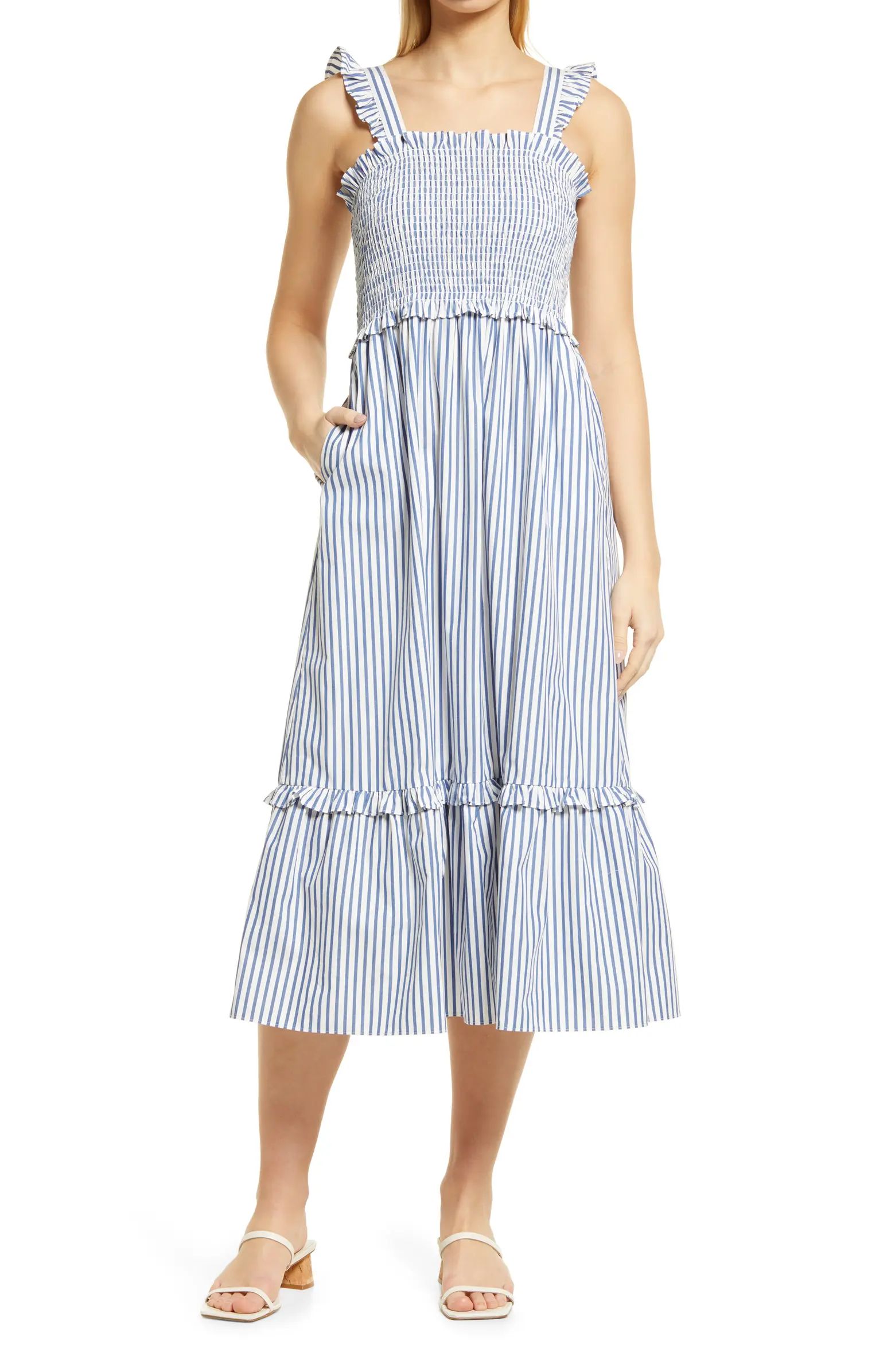 Smocked Stripe Sleeveless Poplin Midi Dress | Nordstrom