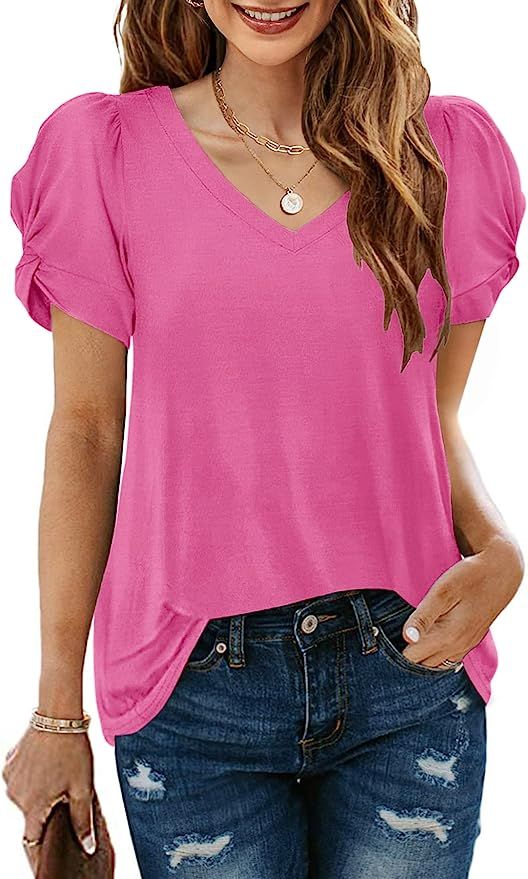 AGSEEM Women's V Neck Summer Tops Twist Puff Sleeve Short Sleeve T Shirts Dressy Casual Comfy Sof... | Amazon (US)