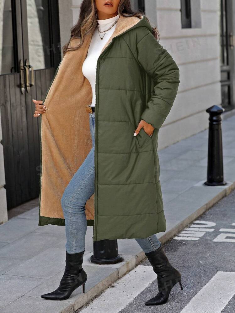 SHEIN Relaxiva Women's Solid Color Long Sleeve Zip Front Long Hooded Fleece Casual Puffer Jacket,... | SHEIN