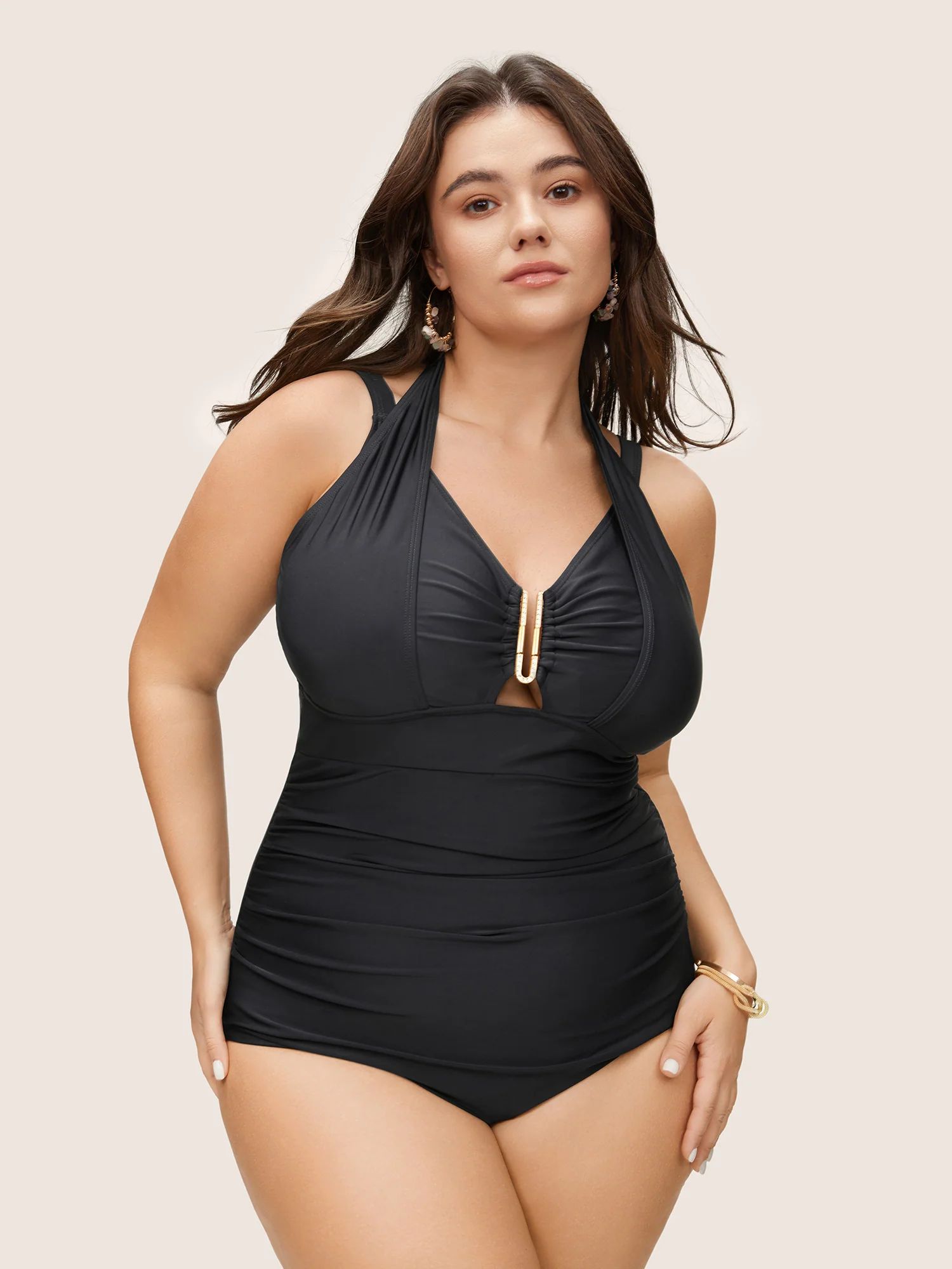 Solid Ruched Metal Buckle Detail One Pieces Swimsuit | Bloomchic