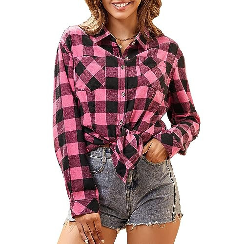 WARHORSEE Plaid Flannel Shirts for Women Long Sleeve, Loose Fit Womens Casual Flannels Button Down Shirts Blouses Tops,Fuchsia/Black,L | Amazon (US)